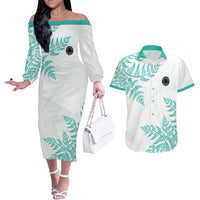 Custom New Zealand Football Couples Matching Off The Shoulder Long Sleeve Dress and Hawaiian Shirt Aotearoa Pride Aqua Version - Polynesian Pride