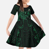 Custom New Zealand Fishing Family Matching Off The Shoulder Long Sleeve Dress and Hawaiian Shirt Maori Tribal Pattern LT05 Daughter's Dress Black - Polynesian Pride