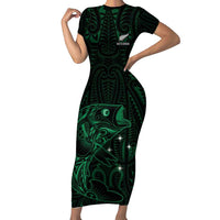 Custom New Zealand Fishing Short Sleeve Bodycon Dress Maori Tribal Pattern LT05 Long Dress Black - Polynesian Pride