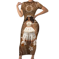 Bula Fiji Women's Day Family Matching Short Sleeve Bodycon Dress and Hawaiian Shirt With Fijian Tapa Pattern LT05 Mom's Dress Brown - Polynesian Pride