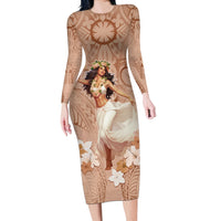 Hawaii Women's Day Long Sleeve Bodycon Dress With Polynesian Pattern LT05 Long Dress Brown - Polynesian Pride