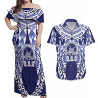 Personalised Tonga Queen Salote College Couples Matching Off Shoulder Maxi Dress and Hawaiian Shirt Centenary Navy Version LT05 Navy - Polynesian Pride