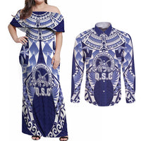 Personalised Tonga Queen Salote College Couples Matching Off Shoulder Maxi Dress and Long Sleeve Button Shirt Centenary Navy Version