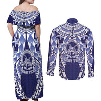 Personalised Tonga Queen Salote College Couples Matching Off Shoulder Maxi Dress and Long Sleeve Button Shirt Centenary Navy Version