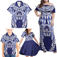 Personalised Tonga Queen Salote College Family Matching Off Shoulder Maxi Dress and Hawaiian Shirt Centenary Navy Version