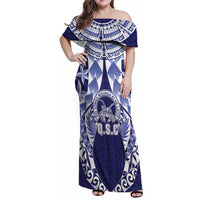 Personalised Tonga Queen Salote College Family Matching Off Shoulder Maxi Dress and Hawaiian Shirt Centenary Navy Version