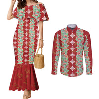 Hawaii Ohia Lehua Couples Matching Mermaid Dress and Long Sleeve Button Shirt Tropical Vibes Crimson