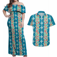 Hawaii Ohia Lehua Couples Matching Off Shoulder Maxi Dress and Hawaiian Shirt Tropical Vibes Teal