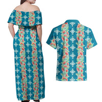 Hawaii Ohia Lehua Couples Matching Off Shoulder Maxi Dress and Hawaiian Shirt Tropical Vibes Teal