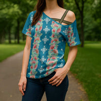 Hawaii Ohia Lehua Cross Shoulder Shirt Tropical Vibes Teal