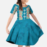 Hawaii Ohia Lehua Family Matching Off The Shoulder Long Sleeve Dress and Hawaiian Shirt Tropical Vibes Teal LT05 Daughter's Dress Teal - Polynesian Pride