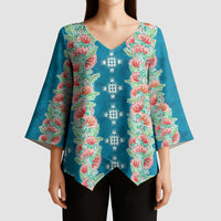 Hawaii Ohia Lehua Kimono Sleeve Blouse Tropical Vibes Teal
