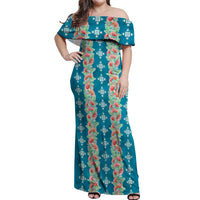 Hawaii Ohia Lehua Off Shoulder Maxi Dress Tropical Vibes Teal