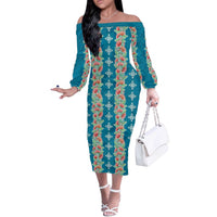 Hawaii Ohia Lehua Off The Shoulder Long Sleeve Dress Tropical Vibes Teal LT05 Women Teal - Polynesian Pride