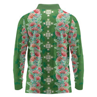 Hawaii Ohia Lehua Long Sleeve Polo Shirt Tropical Vibes Green