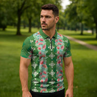 Hawaii Ohia Lehua Zipper Polo Shirt Tropical Vibes Green