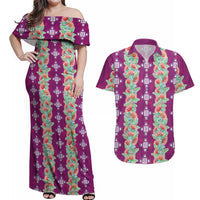 Hawaii Ohia Lehua Couples Matching Off Shoulder Maxi Dress and Hawaiian Shirt Tropical Vibes Fuchsia