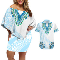 Africa Dashiki Couples Matching Off Shoulder Short Dress and Hawaiian Shirt With Polynesian Pattern Blue Version LT05 Blue - Polynesian Pride