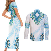 Africa Dashiki Couples Matching Short Sleeve Bodycon Dress and Long Sleeve Button Shirt With Polynesian Pattern Blue Version LT05 - Polynesian Pride