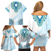 Africa Dashiki Family Matching Off Shoulder Short Dress and Hawaiian Shirt With Polynesian Pattern Blue Version LT05 - Polynesian Pride