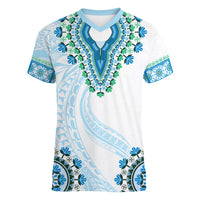 Africa Dashiki Women V Neck T Shirt With Polynesian Pattern Blue Version LT05 Female Blue - Polynesian Pride