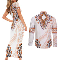 Africa Dashiki Couples Matching Short Sleeve Bodycon Dress and Long Sleeve Button Shirt With Polynesian Pattern Beige Version LT05 - Polynesian Pride
