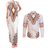 Africa Dashiki Couples Matching Tank Maxi Dress and Long Sleeve Button Shirt With Polynesian Pattern Beige Version LT05 Beige - Polynesian Pride
