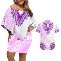 Africa Dashiki Couples Matching Off Shoulder Short Dress and Hawaiian Shirt With Polynesian Pattern Pink Version LT05 Pink - Polynesian Pride