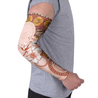 Tonga Ngatu Pattern With Light Tabasco Hibiscus Arm Sleeves Oil Painting Style - Polynesian Pride