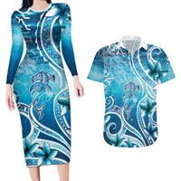 Polynesia World Ocean Day Couples Matching Long Sleeve Bodycon Dress and Hawaiian Shirt Ocean Style LT05 Blue - Polynesian Pride