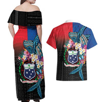 Samoa Couples Matching Off Shoulder Maxi Dress and Hawaiian Shirt Humpback Whale Siapo Pattern