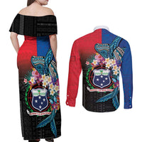 Samoa Couples Matching Off Shoulder Maxi Dress and Long Sleeve Button Shirt Humpback Whale Siapo Pattern