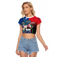 Samoa Raglan Cropped T Shirt Humpback Whale Siapo Pattern LT05 Female Blue - Polynesian Pride