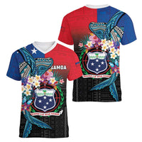 Samoa Women V-Neck T-Shirt Humpback Whale Siapo Pattern LT05 - Polynesian Pride