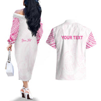 Personalised New Zealand Aotearoa Couples Matching Off The Shoulder Long Sleeve Dress and Hawaiian Shirt Nurse Tribal Pink Version
