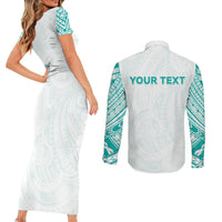 Personalised New Zealand Aotearoa Couples Matching Short Sleeve Bodycon Dress and Long Sleeve Button Shirt Nurse Tribal Teal Version
