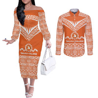 Personalised Tonga Tailulu College Couples Matching Off The Shoulder Long Sleeve Dress and Long Sleeve Button Shirt Tongan Kupesi Pattern
