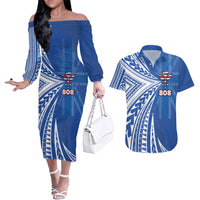 Personalised Hawaii 808 Couples Matching Off The Shoulder Long Sleeve Dress and Hawaiian Shirt Unique Style LT05 Blue - Polynesian Pride