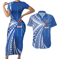 Personalised Hawaii 808 Couples Matching Short Sleeve Bodycon Dress and Hawaiian Shirt Unique Style LT05 Blue - Polynesian Pride