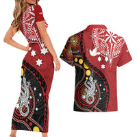 Tonga Ngatu And Australia Aboriginal Couples Matching Short Sleeve Bodycon Dress and Hawaiian Shirt Tongan Dove And Kangaroo Together