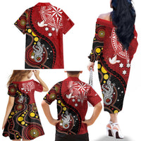 Tonga Ngatu And Australia Aboriginal Family Matching Off The Shoulder Long Sleeve Dress and Hawaiian Shirt Tongan Dove And Kangaroo Together