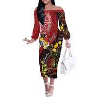 Tonga Ngatu And Australia Aboriginal Family Matching Off The Shoulder Long Sleeve Dress and Hawaiian Shirt Tongan Dove And Kangaroo Together