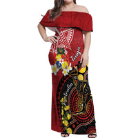 Tonga Ngatu And Australia Aboriginal Off Shoulder Maxi Dress Tongan Dove And Kangaroo Together LT05 Women Red - Polynesian Pride