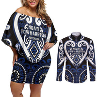 Custom Aotearoa Ngati Tuwharetoa Couples Matching Off Shoulder Short Dress and Long Sleeve Button Shirt Maori Tribal Pattern
