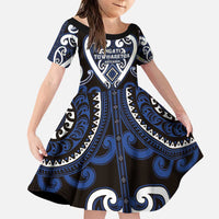 Custom Aotearoa Ngati Tuwharetoa Family Matching Puletasi and Hawaiian Shirt Maori Tribal Pattern LT05 Daughter's Dress Navy - Polynesian Pride