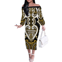 Custom Aotearoa Taranaki Off The Shoulder Long Sleeve Dress Maori Tribal Pattern LT05 Women Yellow - Polynesian Pride
