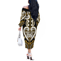 Custom Aotearoa Taranaki Off The Shoulder Long Sleeve Dress Maori Tribal Pattern LT05 - Polynesian Pride