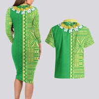 Fiji Lovoni Couples Matching Long Sleeve Bodycon Dress and Hawaiian Shirt Fijian Tapa Salusalu Green Glitter
