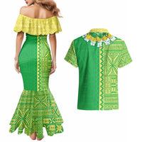Fiji Lovoni Couples Matching Mermaid Dress and Hawaiian Shirt Fijian Tapa Salusalu Green Glitter