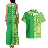 Fiji Lovoni Couples Matching Tank Maxi Dress and Hawaiian Shirt Fijian Tapa Salusalu Green Glitter